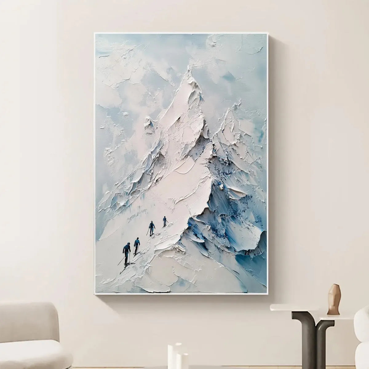 Textured Impasto Mountain Landscape Painting with Skiers