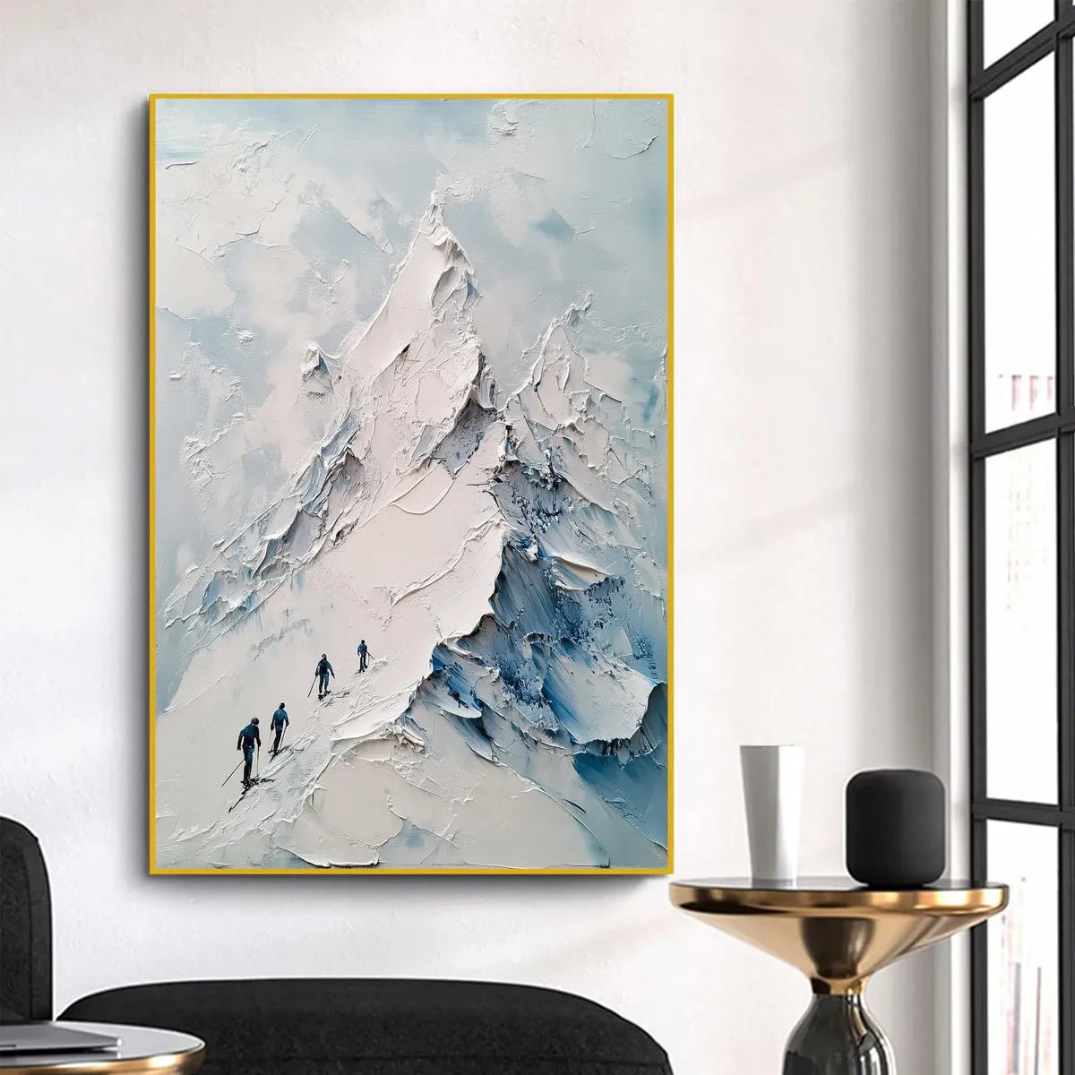 Textured Impasto Mountain Landscape Painting with Skiers