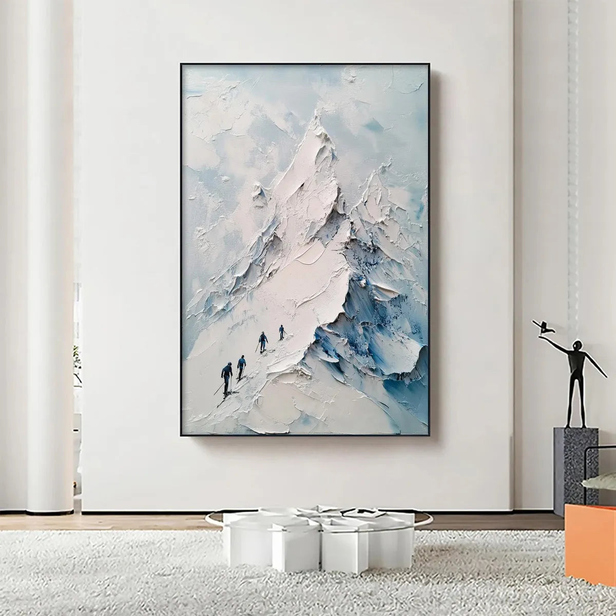 Textured Impasto Mountain Landscape Painting with Skiers