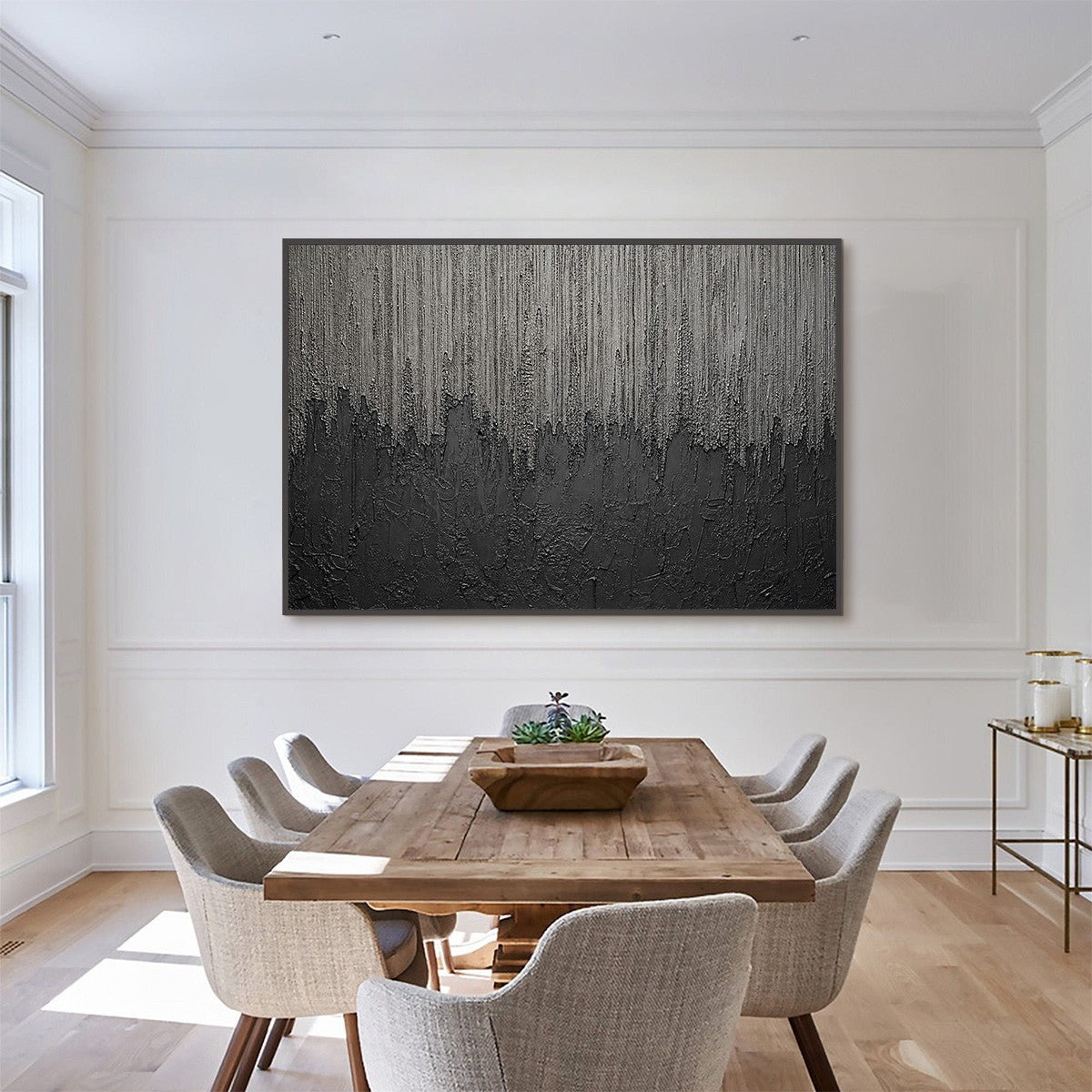 ASHEN CASCADE: Large Textured Black and Grey Abstract Wall Art