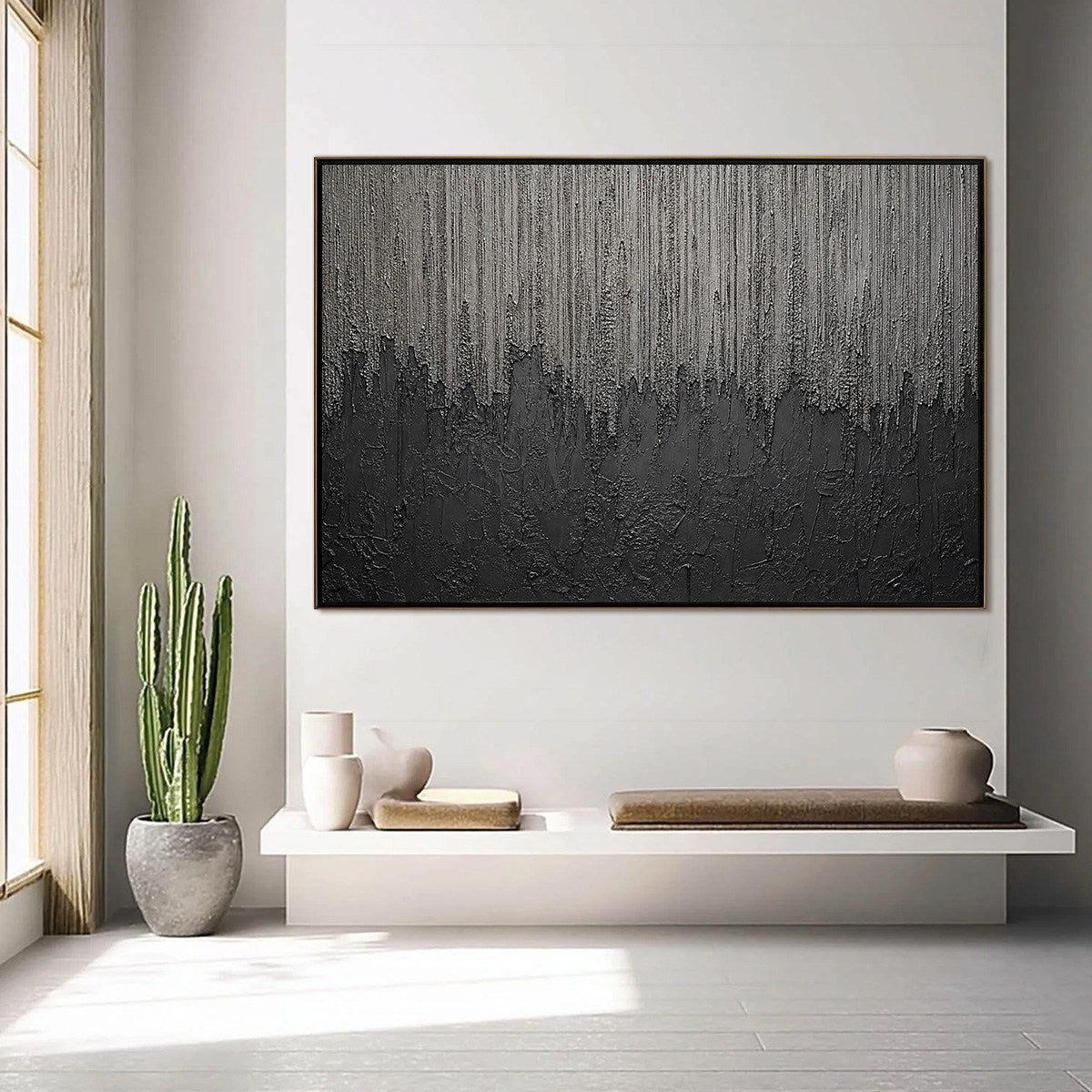 ASHEN CASCADE: Large Textured Black and Grey Abstract Wall Art