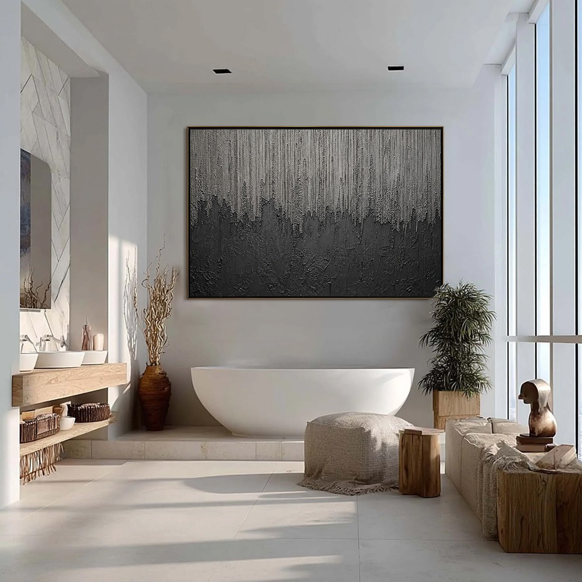 ASHEN CASCADE: Large Textured Black and Grey Abstract Wall Art