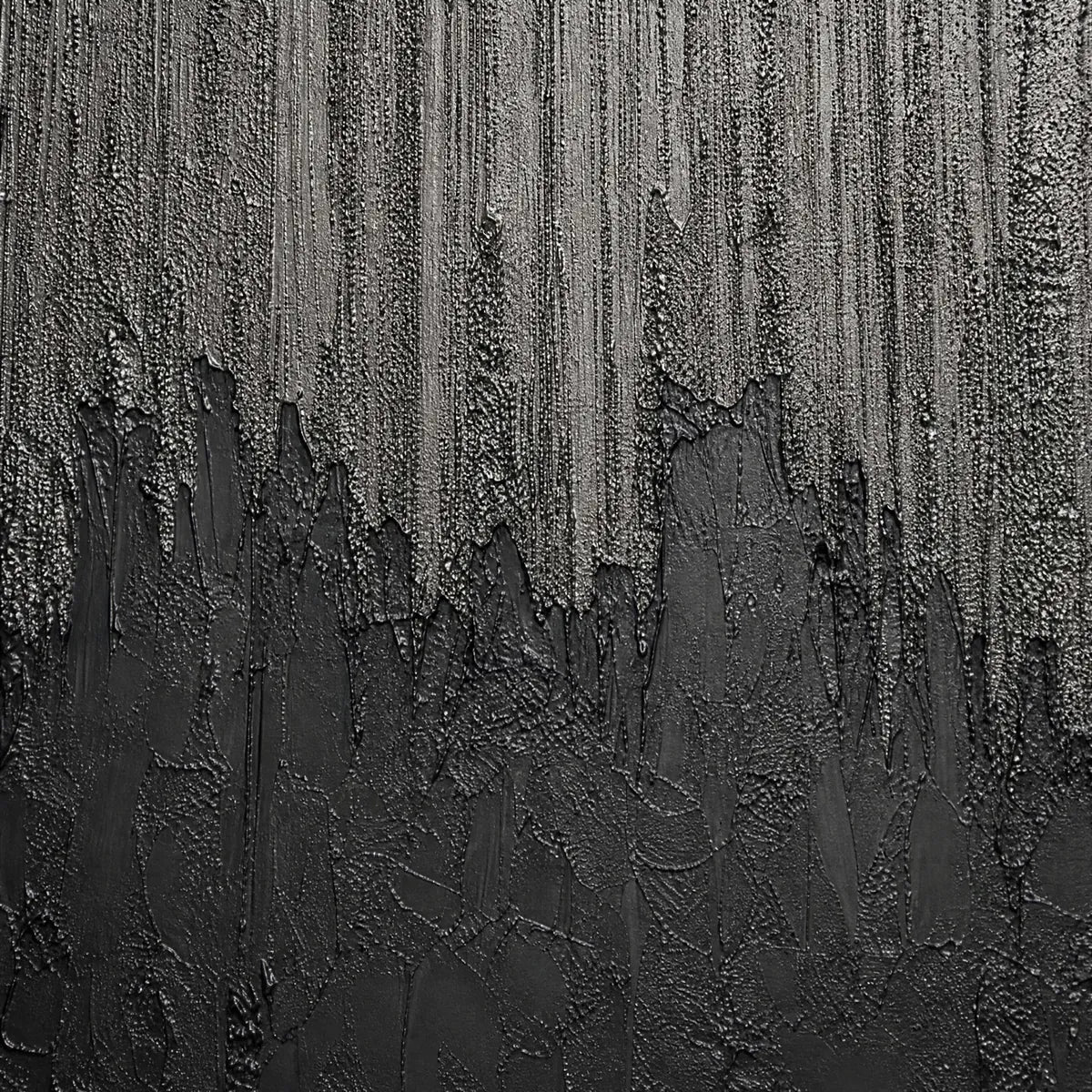 Textured black and grey abstract wall art with metallic impasto brushstrokes