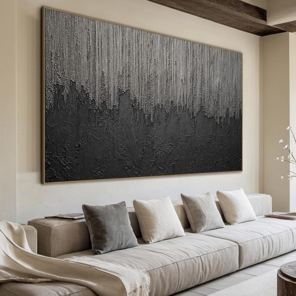 ASHEN CASCADE: Large Textured Black and Grey Abstract Wall Art