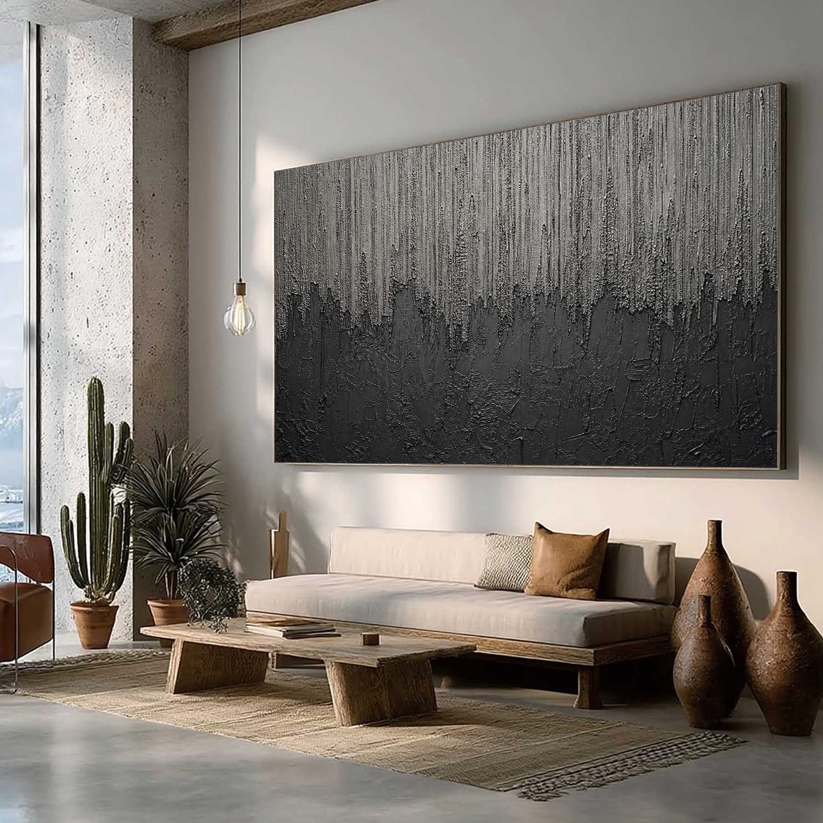 ASHEN CASCADE: Large Textured Black and Grey Abstract Wall Art