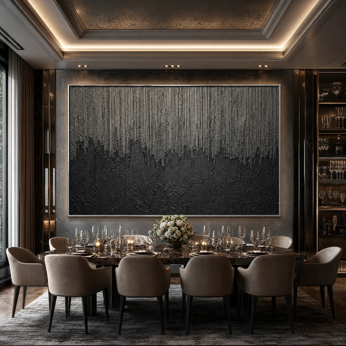 Large black and grey textured abstract wall art in luxury dining room