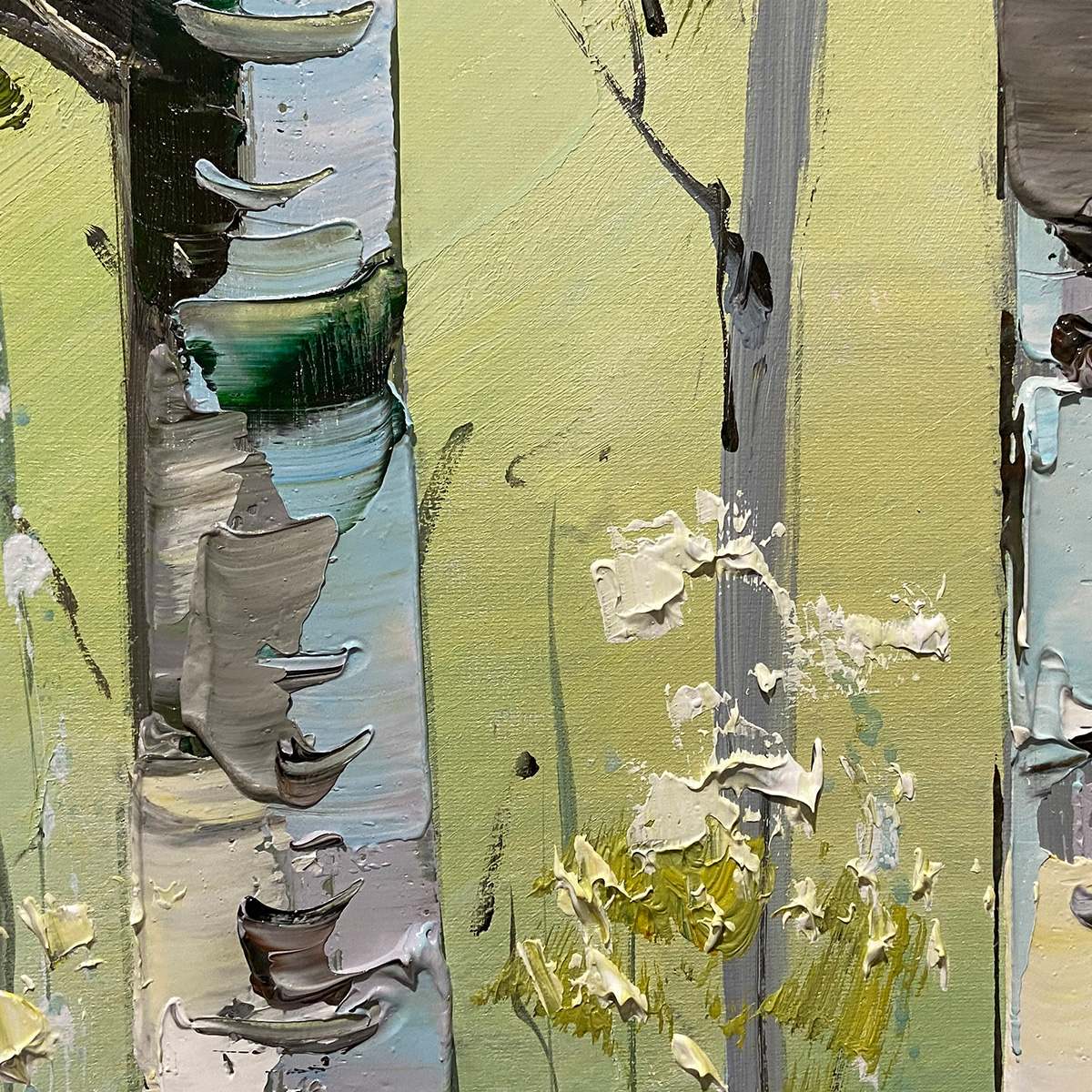 Textured birch tree painting, "Aspen Grove" panoramic canvas with green & yellow forest hues, nature-inspired wall art.