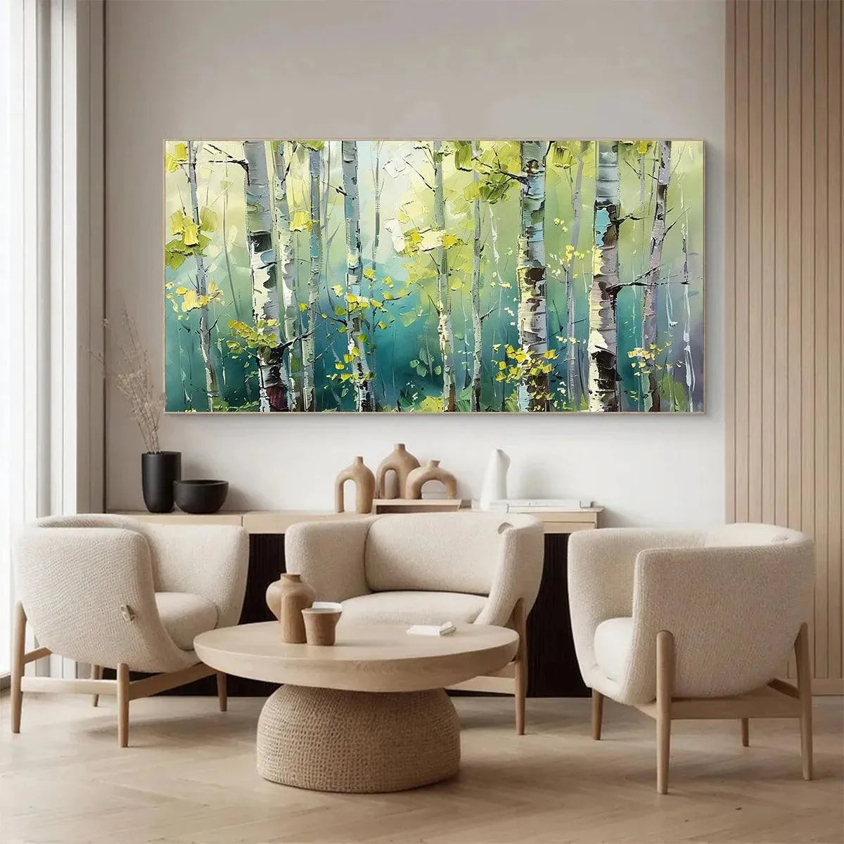 Textured birch tree painting, "Aspen Grove" panoramic canvas with green & yellow forest hues, nature-inspired wall art.