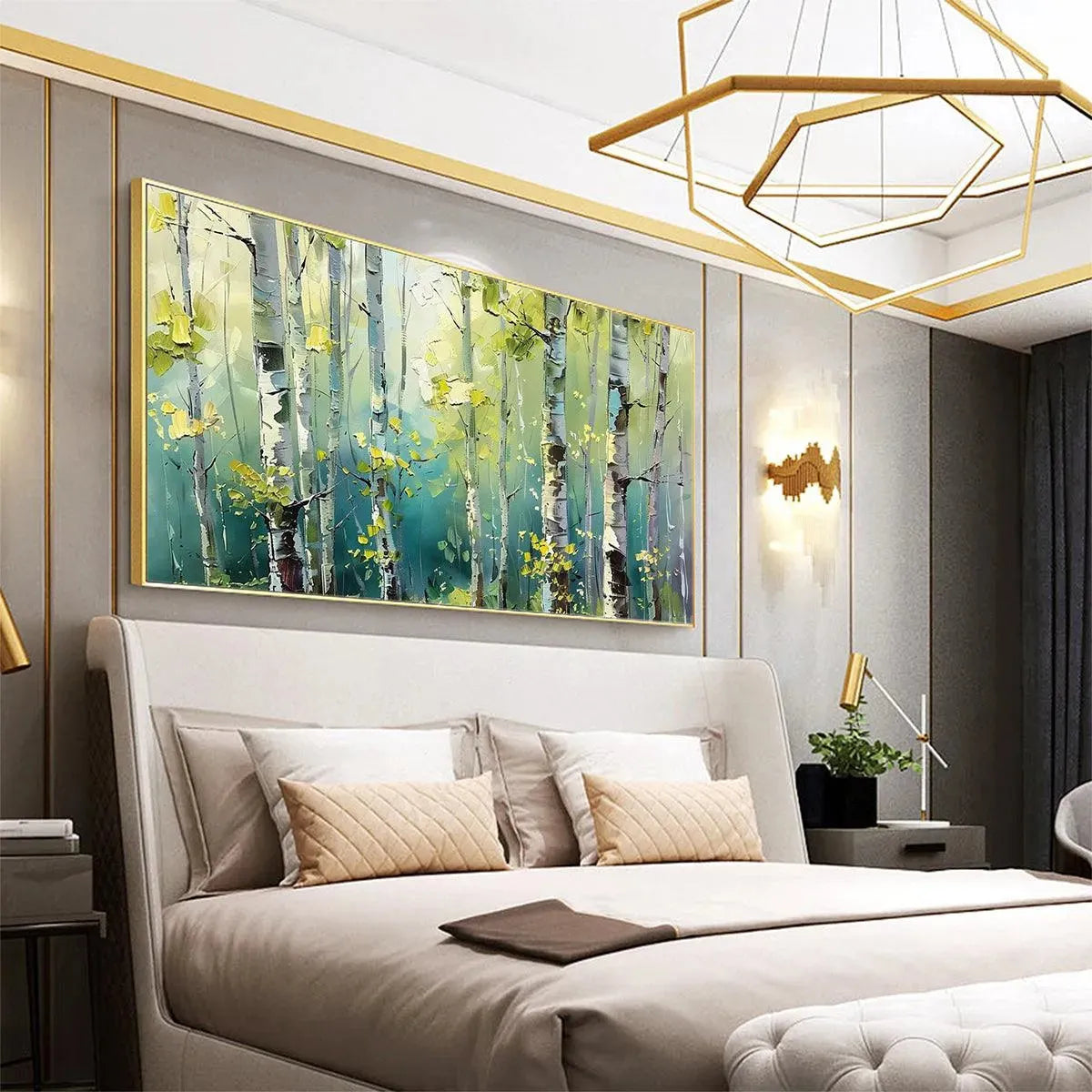 Textured birch tree painting, "Aspen Grove" panoramic canvas with green & yellow forest hues, nature-inspired wall art.