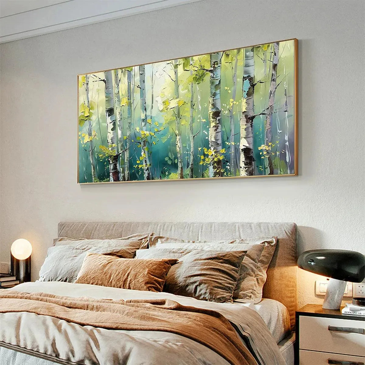 Textured birch tree painting, "Aspen Grove" panoramic canvas with green & yellow forest hues, nature-inspired wall art.