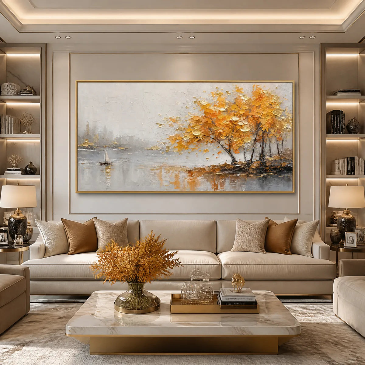 AUTUMN LAKE TREE: Golden Tree Lakeside Painting