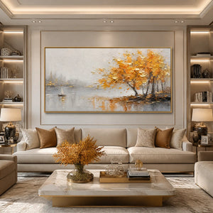 AUTUMN LAKE TREE: Golden Tree Lakeside Painting