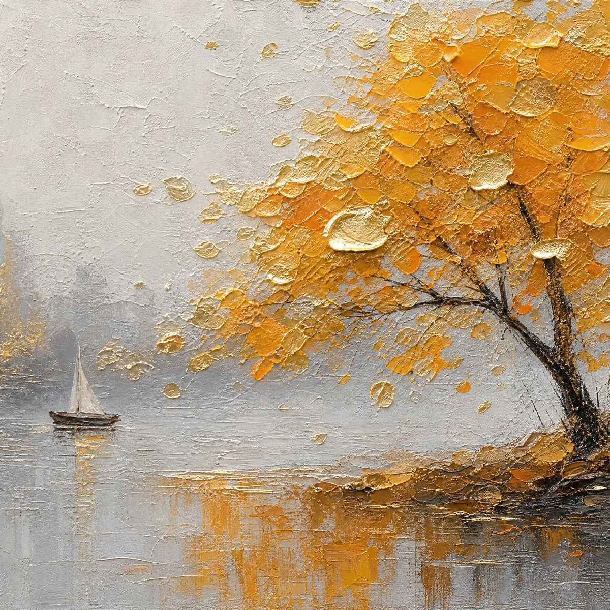 AUTUMN LAKE TREE: Golden Tree Lakeside Painting