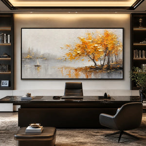 AUTUMN LAKE TREE: Golden Tree Lakeside Painting