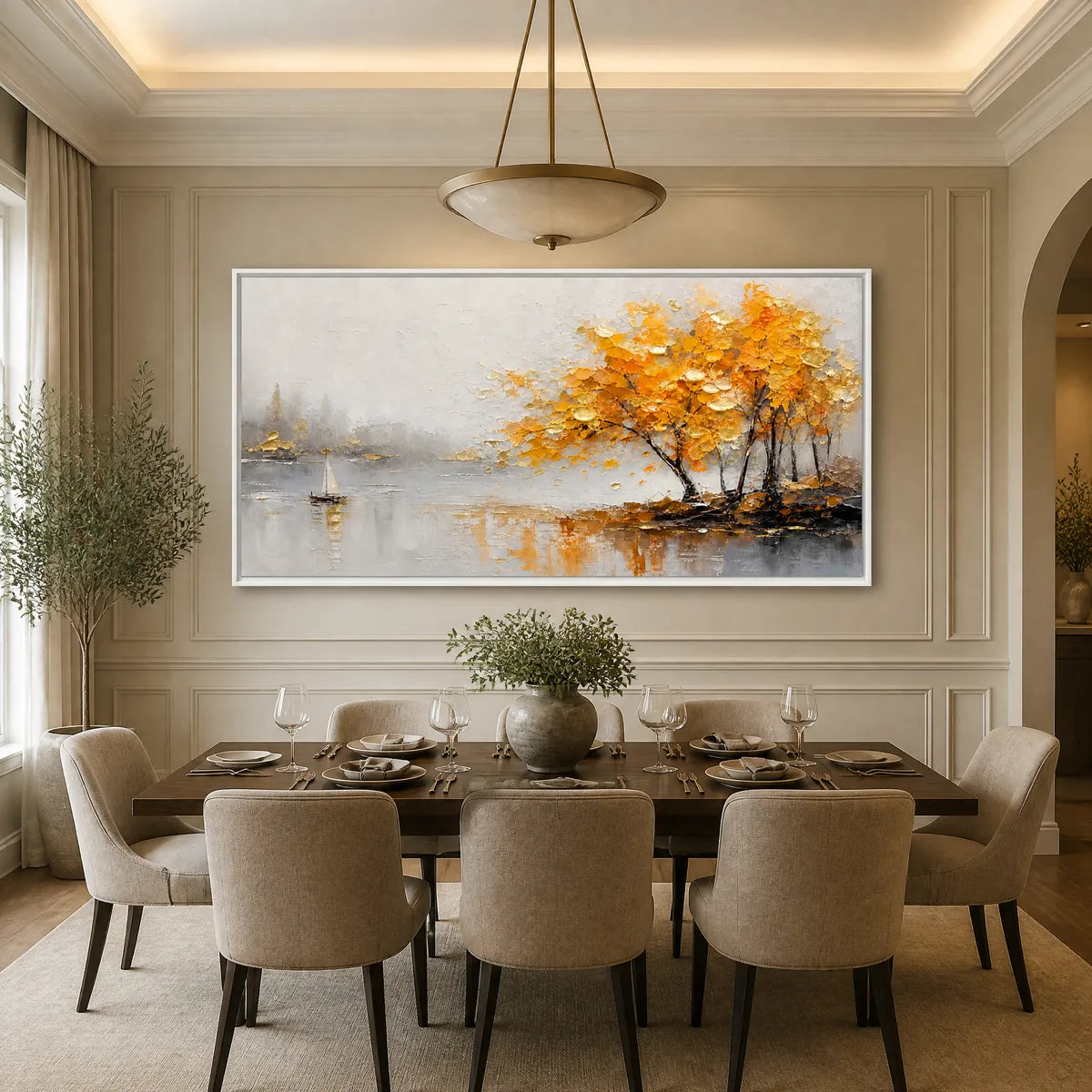 Golden autumn lake tree painting with textured abstract reflections displayed in a refined dining room.