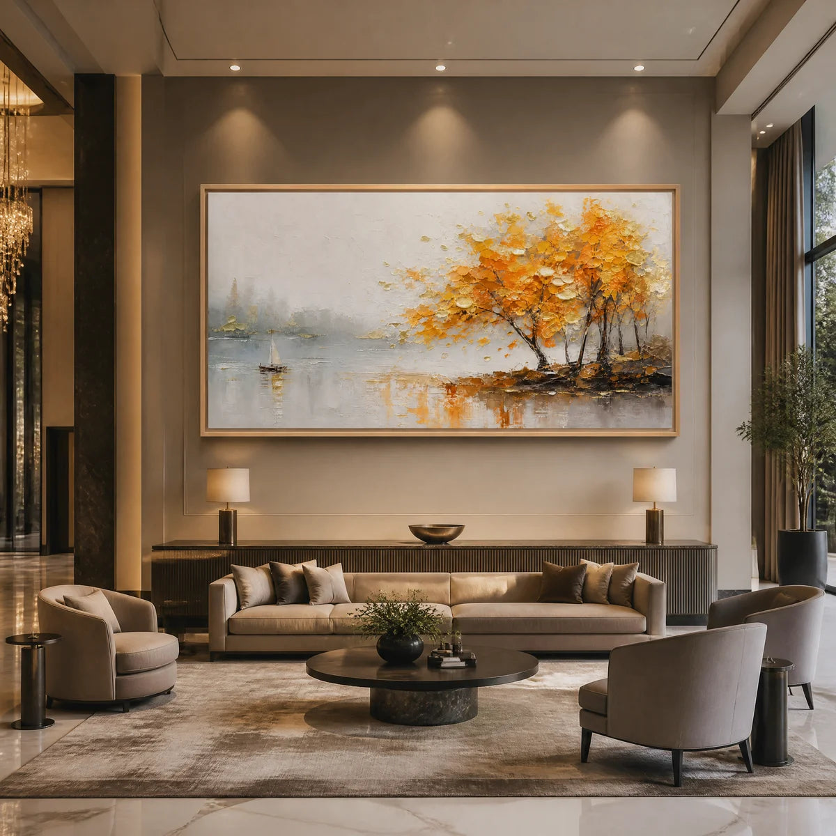 Autumn lake tree wall art with golden impasto trees and sailboat reflections in a wood frame displayed in a luxury hotel lobby.