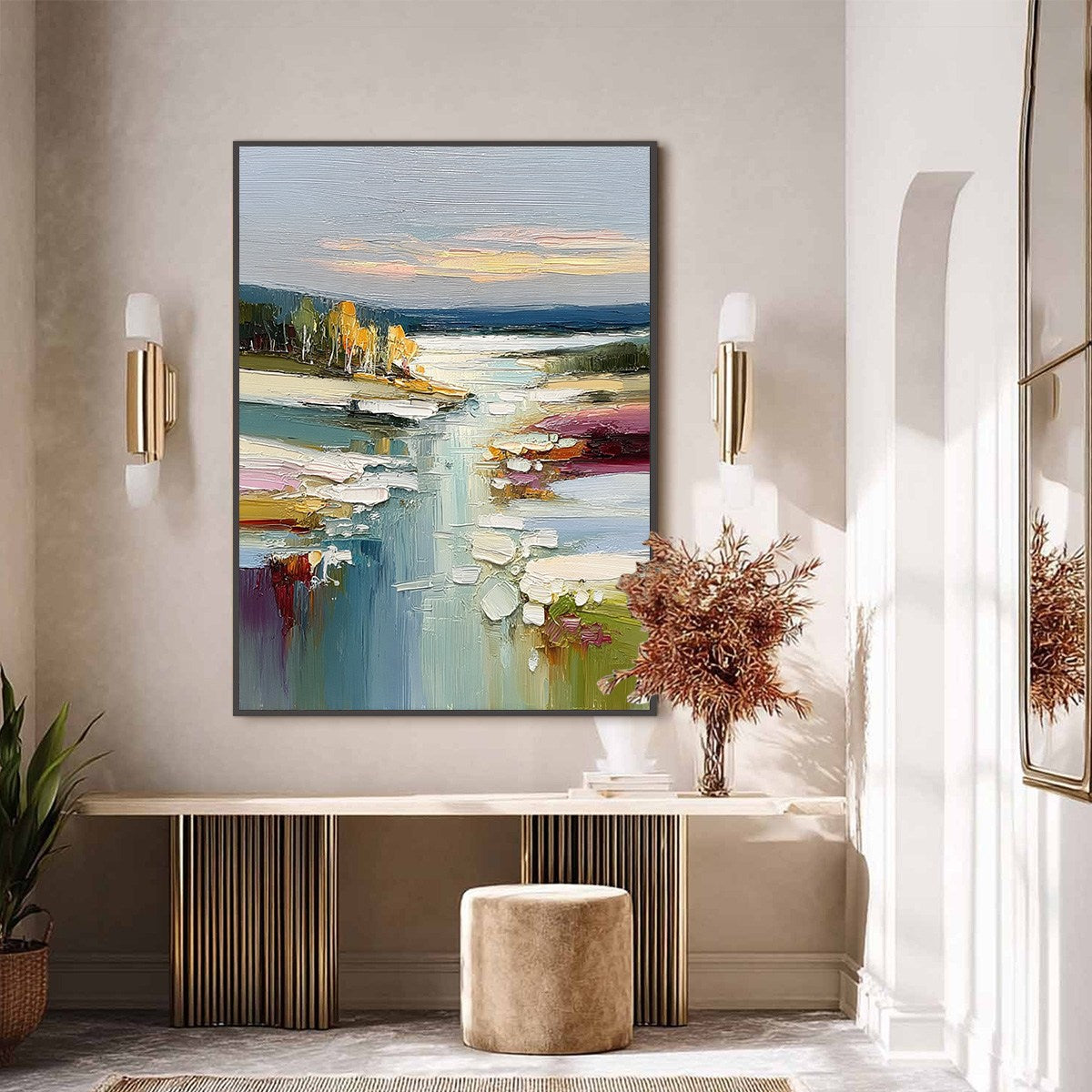 AUTUMN REFLECTIONS: Textured Abstract River Landscape Painting