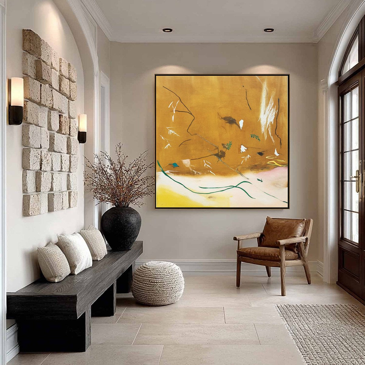 Autumn Whisper original abstract painting: earthy ochre, handmade Wabi Sabi wall art.