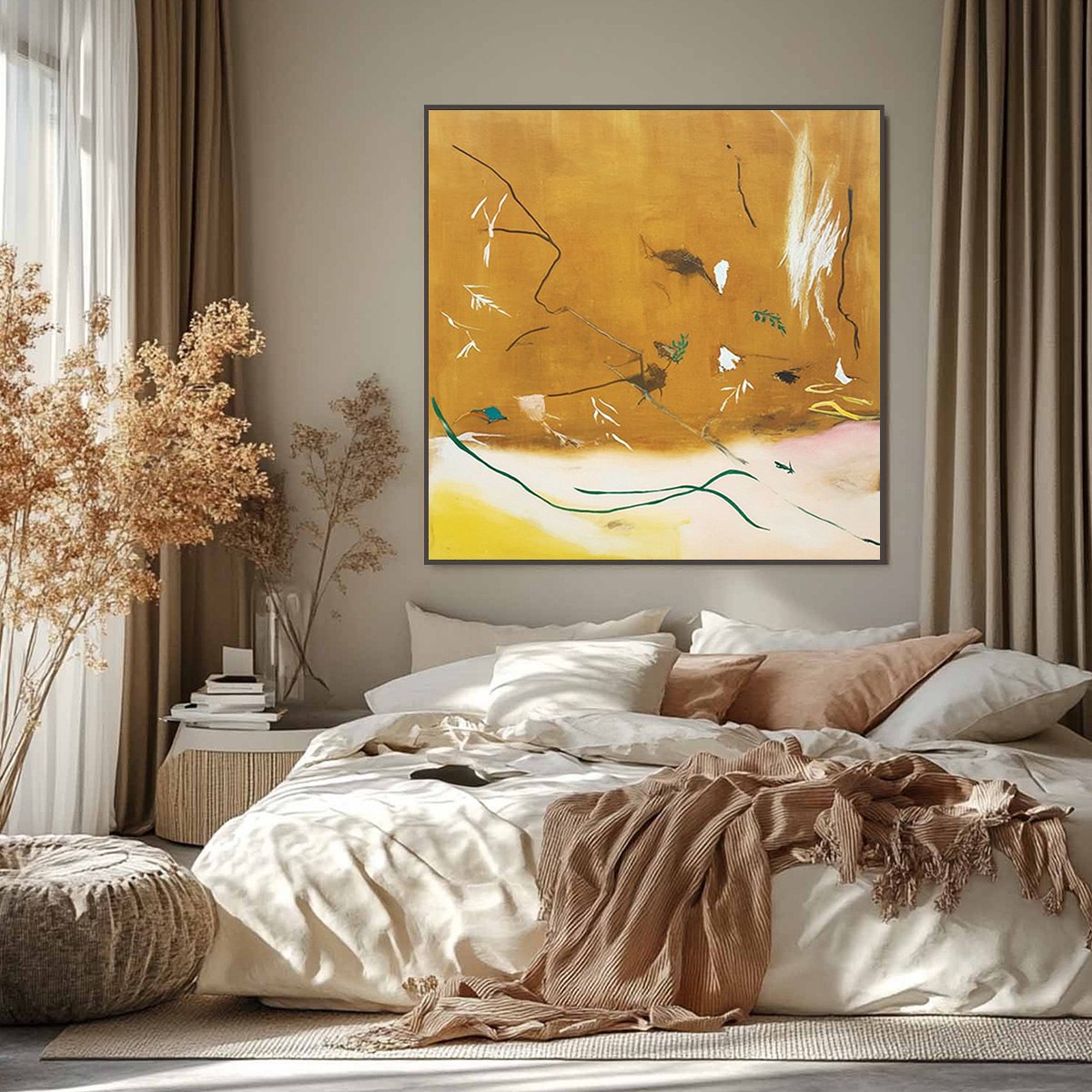 "Autumn Whisper" handmade abstract painting: earthy ochre, minimalist lines, modern Wabi Sabi decor.