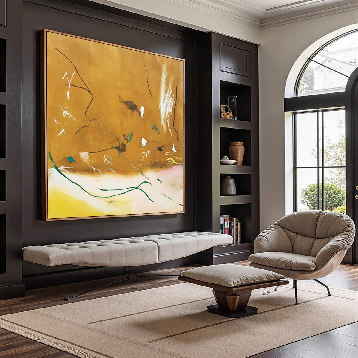 Original ochre abstract painting 'Autumn Whisper' with green lines. Handmade modern wall art.
