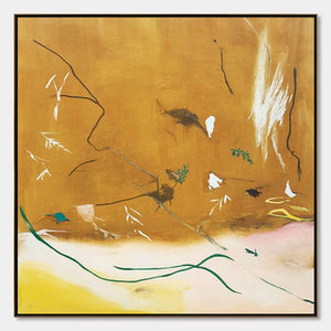 Original earthy abstract oil painting "Autumn Whisper" with nature-inspired lines and ochre tones.