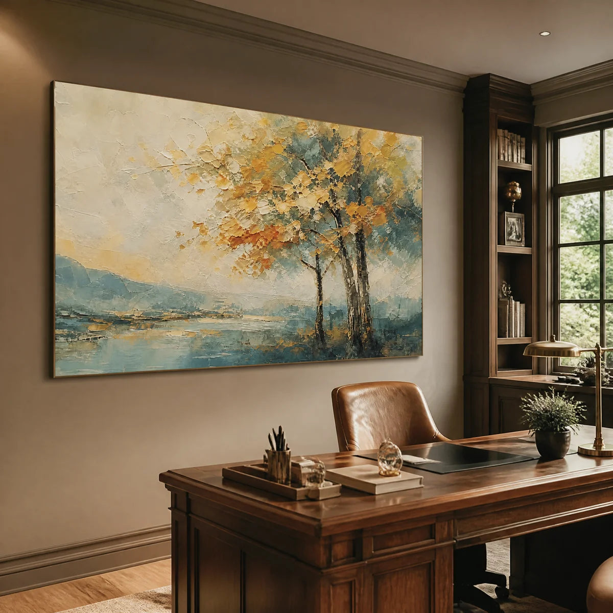 Stretched impressionist landscape painting, showcased in a professional home office.
