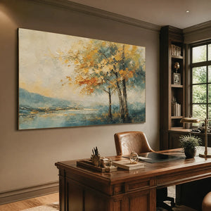 Stretched impressionist landscape painting, showcased in a professional home office.