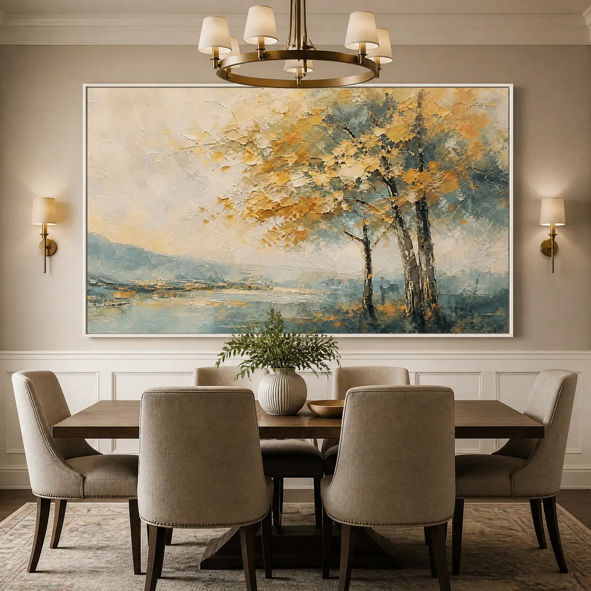 Modern abstract landscape painting in white frame, displayed in a bright dining room.