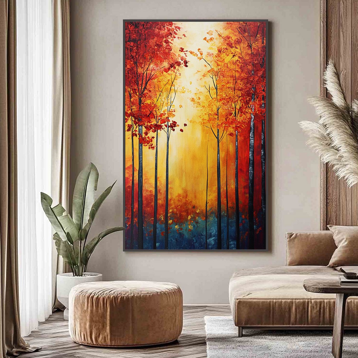 油彩画 秋　　 oil canvas 120cm x 70cm Autumn Glow: Original Textured Abstract Forest Oil Painting