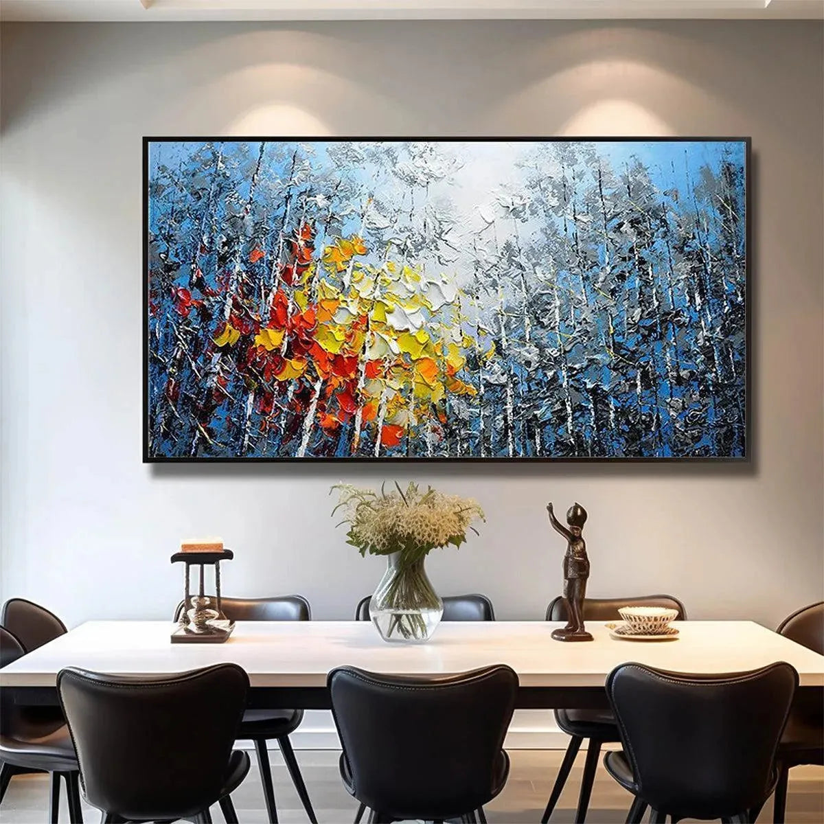 Autumn Aspen impasto painting: red, orange, yellow foliage on blue aspen trees, dining room display.