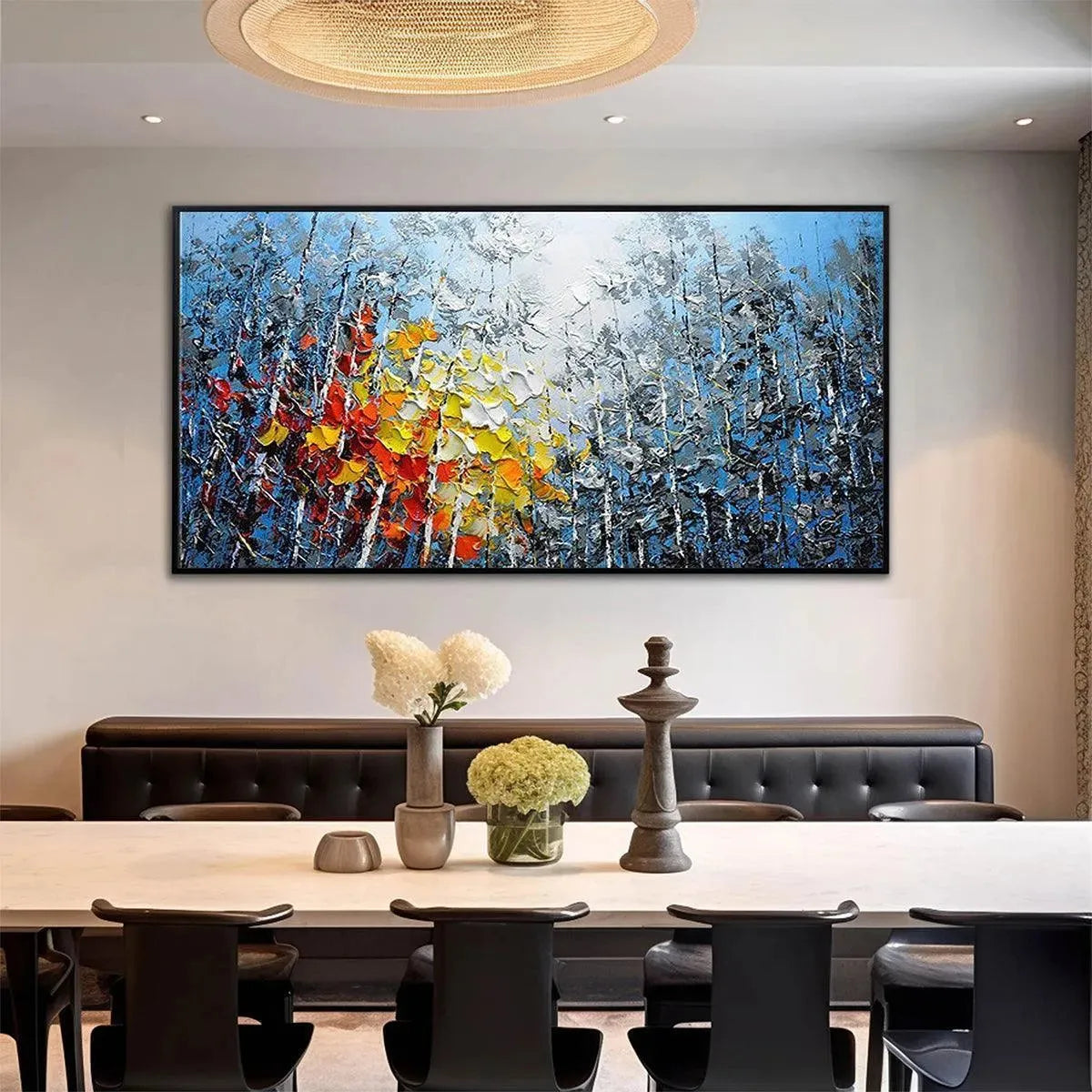 AUTUMN ASPEN: Textured impasto painting of colorful forest landscape with aspen trees in red, orange, and yellow.