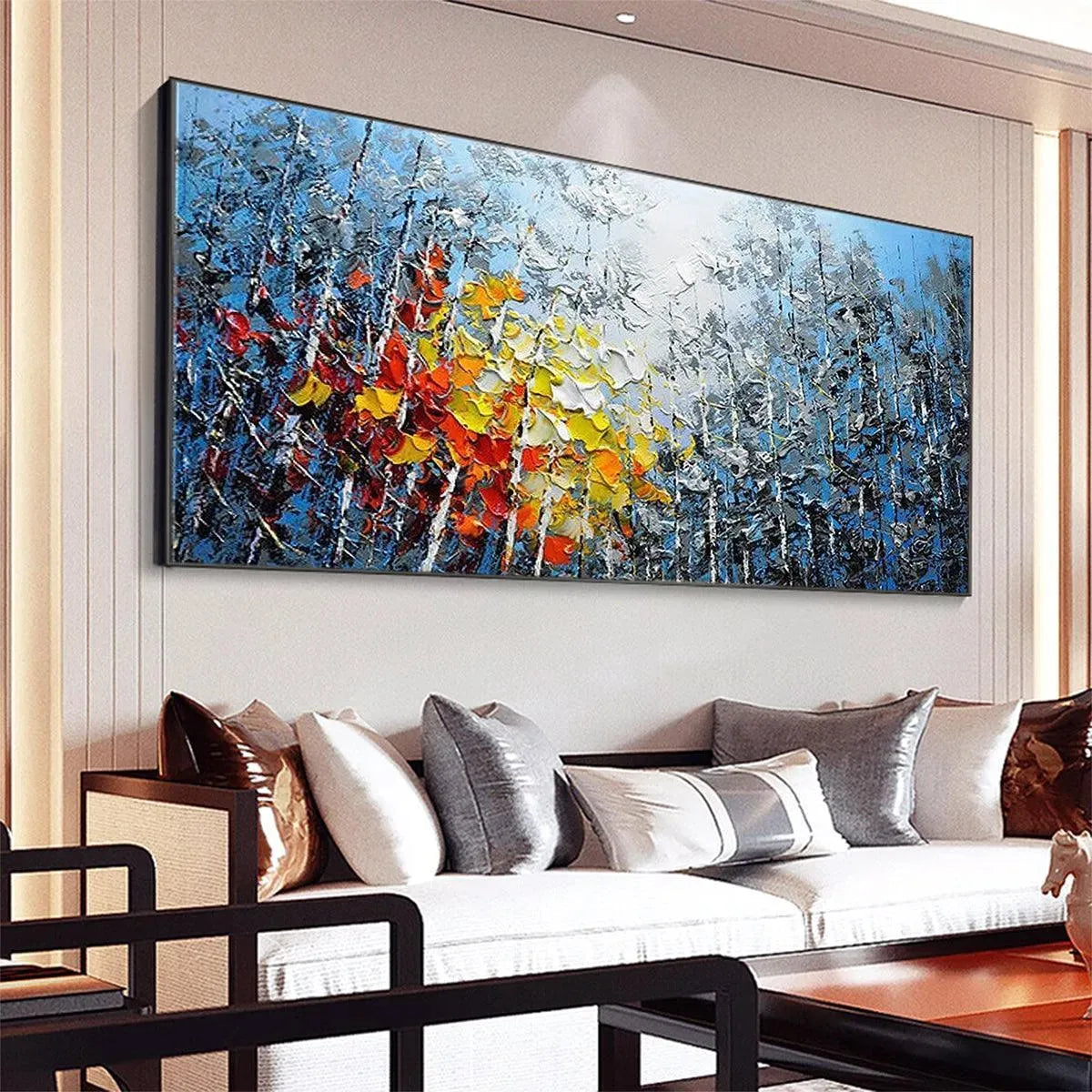 AUTUMN ASPEN: Textured impasto painting of colorful forest landscape with aspen trees in red, orange, and yellow.