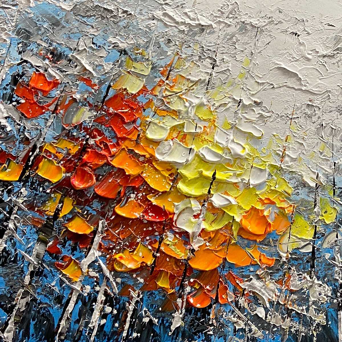 AUTUMN ASPEN: Textured impasto painting of colorful forest landscape with aspen trees in red, orange, and yellow.