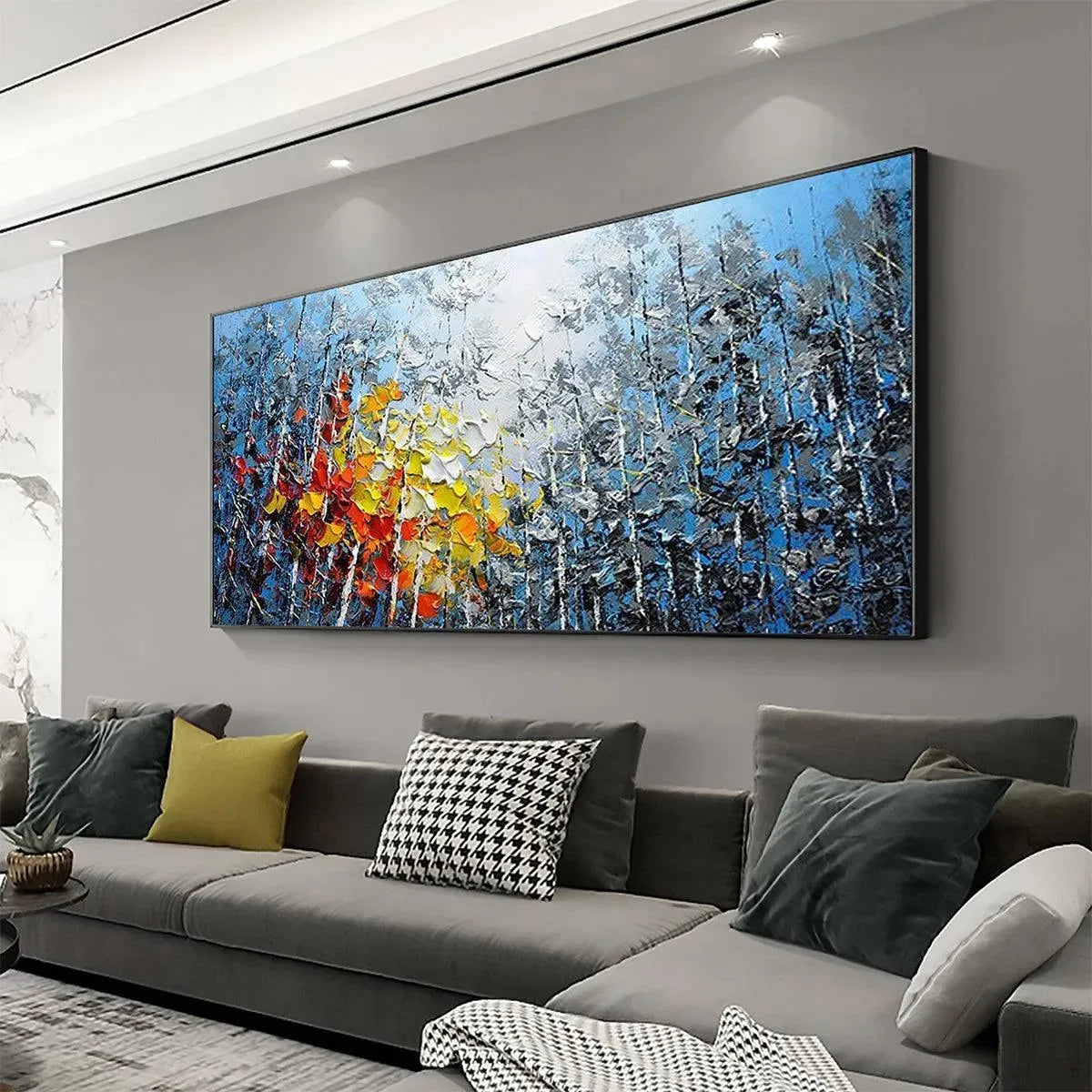 AUTUMN ASPEN: Textured impasto painting of colorful forest landscape with aspen trees in red, orange, and yellow.