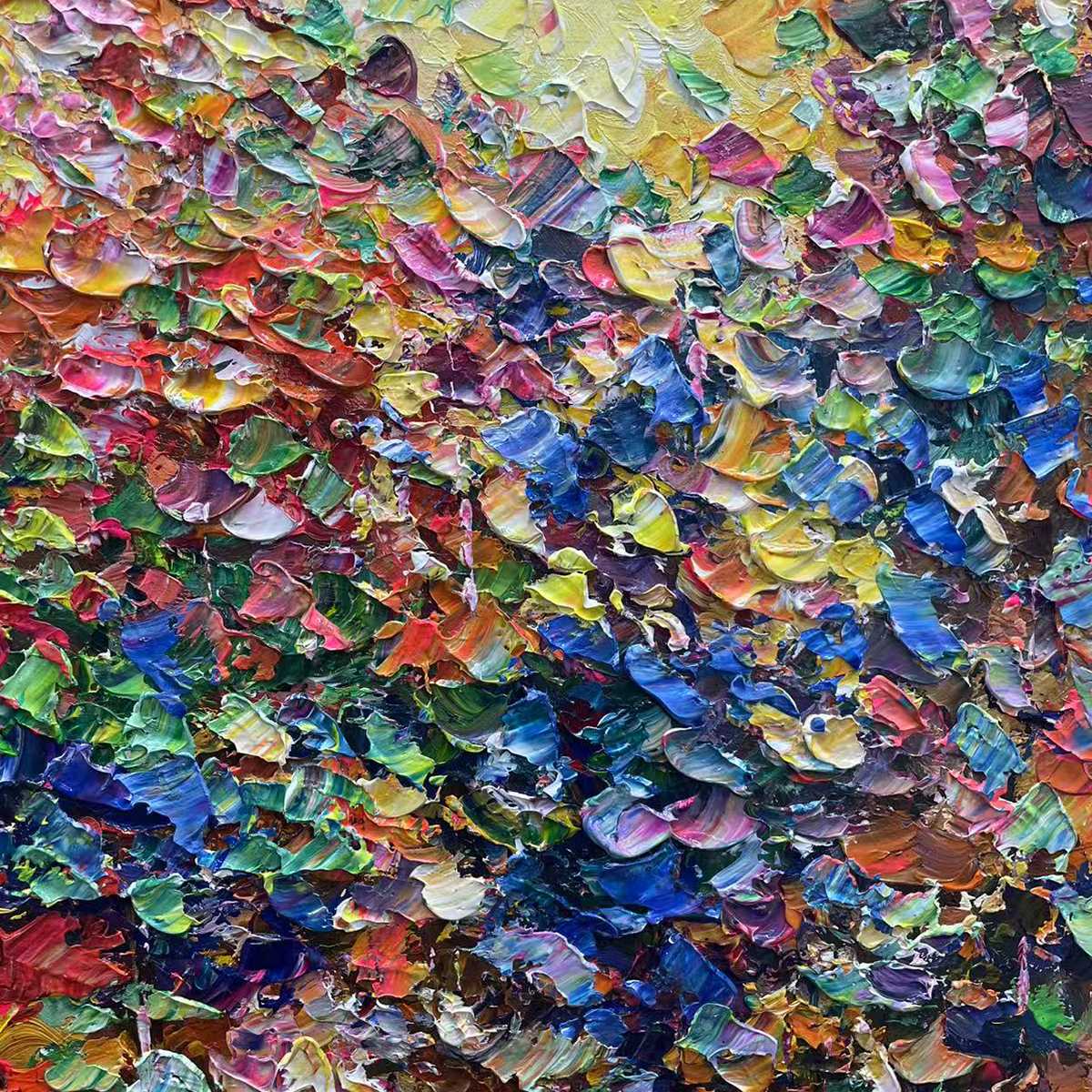 Detailed view of 'Autumn Glow' abstract painting showing rich impasto texture and thick brushstrokes in warm autumn colors.