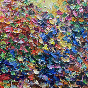 Detailed view of 'Autumn Glow' abstract painting showing rich impasto texture and thick brushstrokes in warm autumn colors.