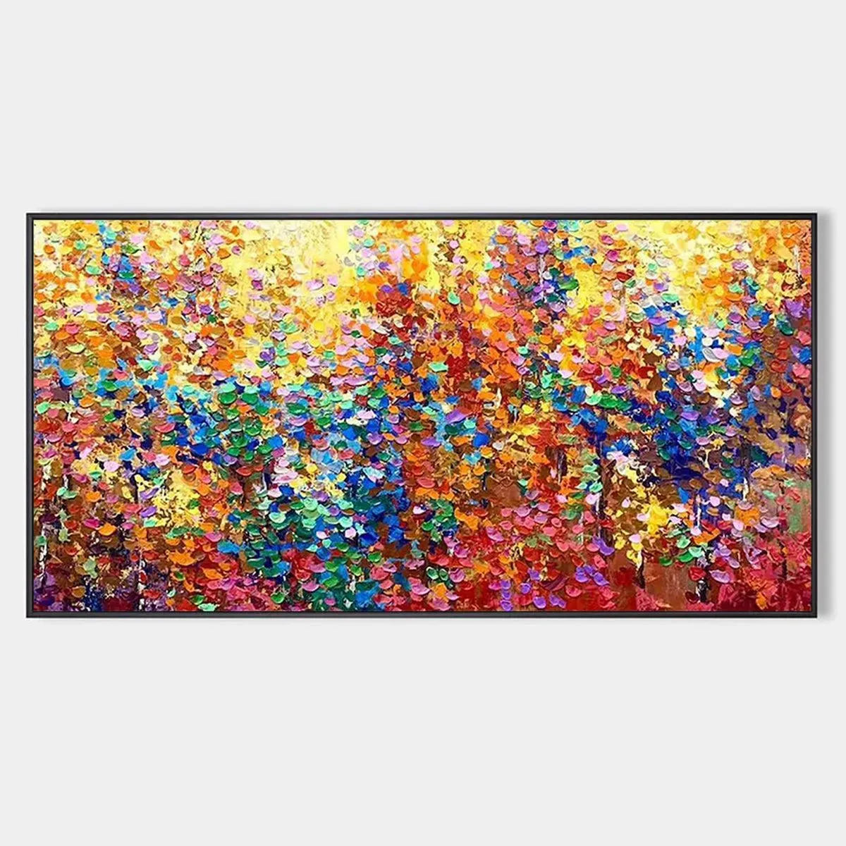 Textured abstract landscape painting 'AUTUMN GLOW' with vibrant impasto brushstrokes in fall colors.