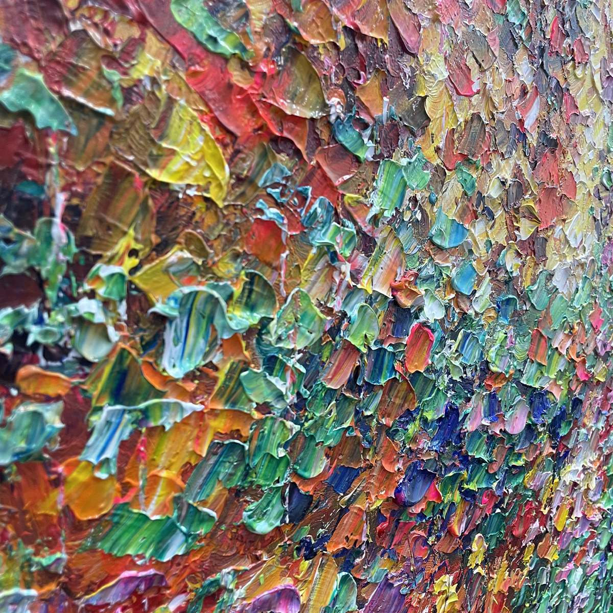 Vibrant impasto texture of "Autumn Glow" abstract painting, highlighting rich autumn colors & brushstrokes.