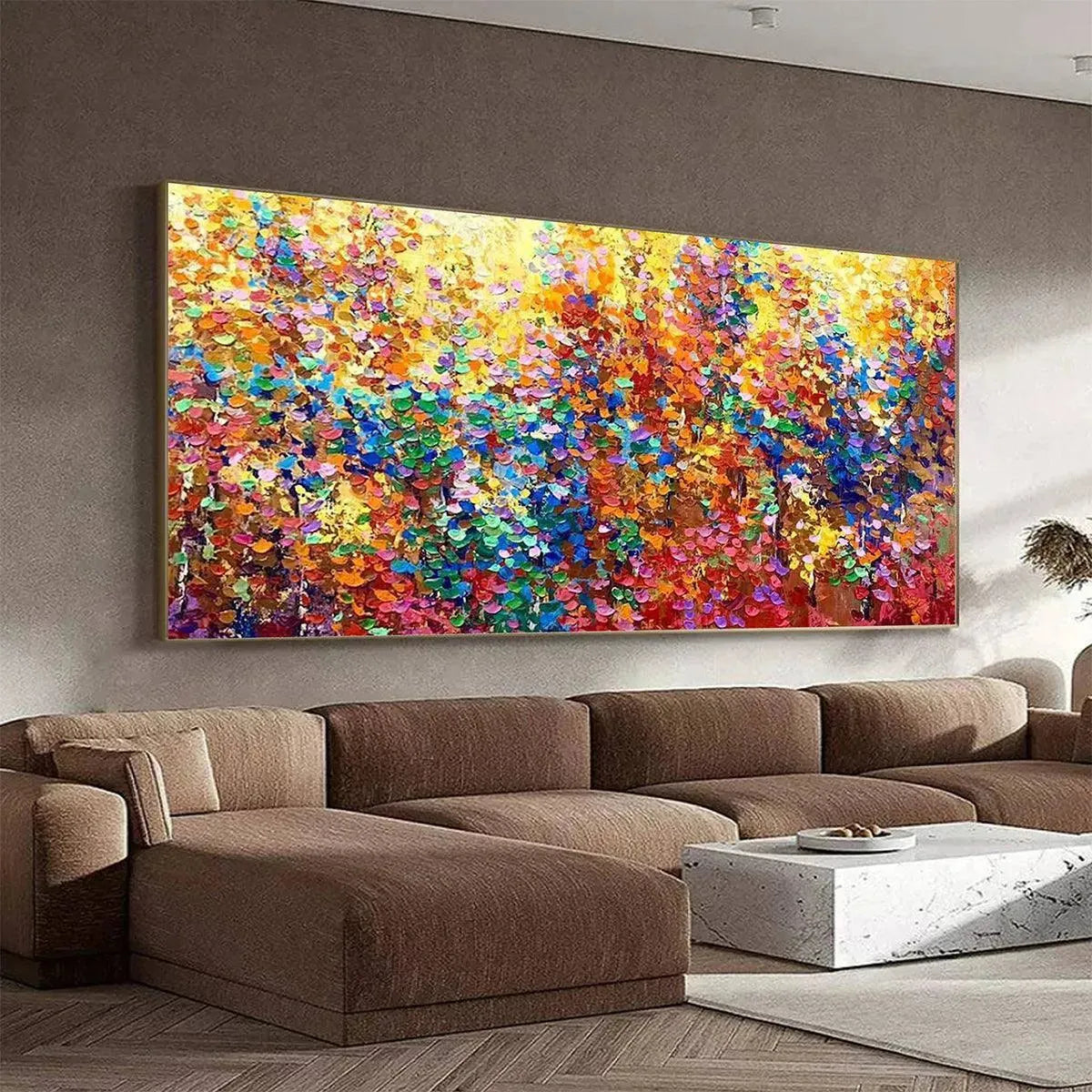 AUTUMN GLOW textured impasto painting by Liam O'Connell, vibrant abstract fall colors in a living room setting.