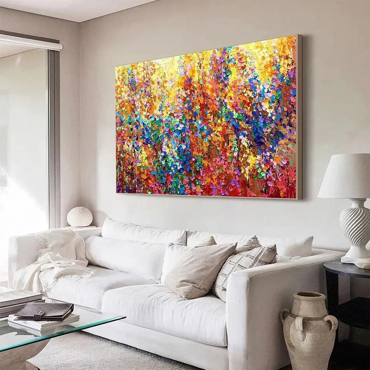 AUTUMN GLOW by Liam O'Connell: Textured abstract landscape painting in autumn colors, framed canvas art for living room.