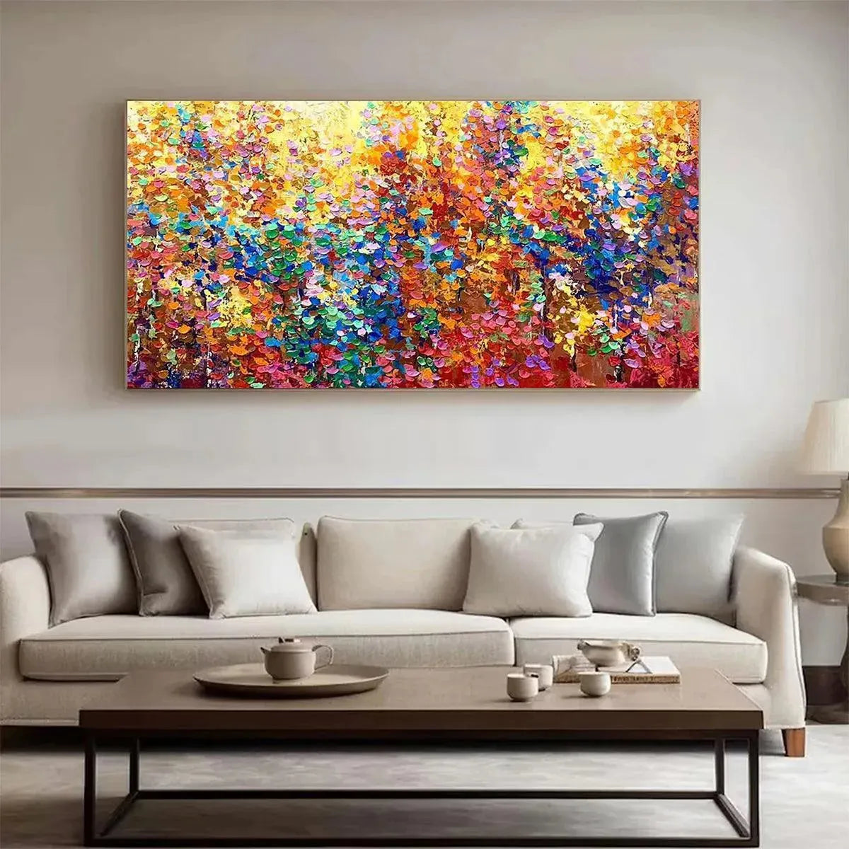 AUTUMN GLOW painting by Liam O'Connell: textured abstract landscape with vibrant autumn colors, perfect for living room.