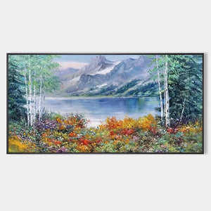 Panoramic autumn landscape painting: lake reflecting mountains, vibrant fall foliage by Chen Liu.