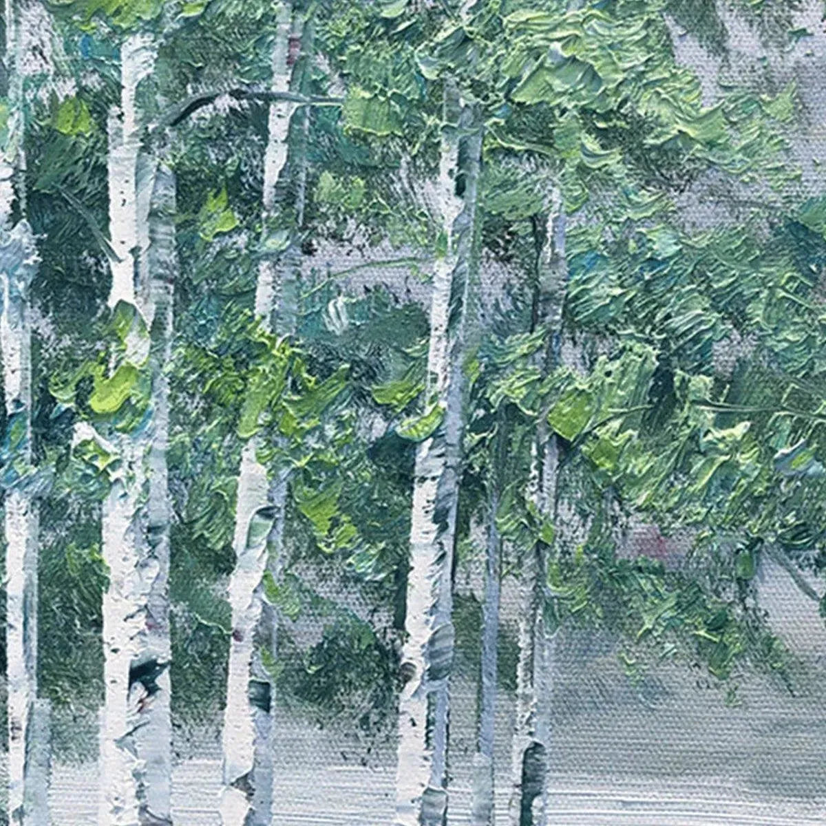 Close-up impasto texture of vibrant autumn foliage and lake in an original oil painting by Chen Liu.