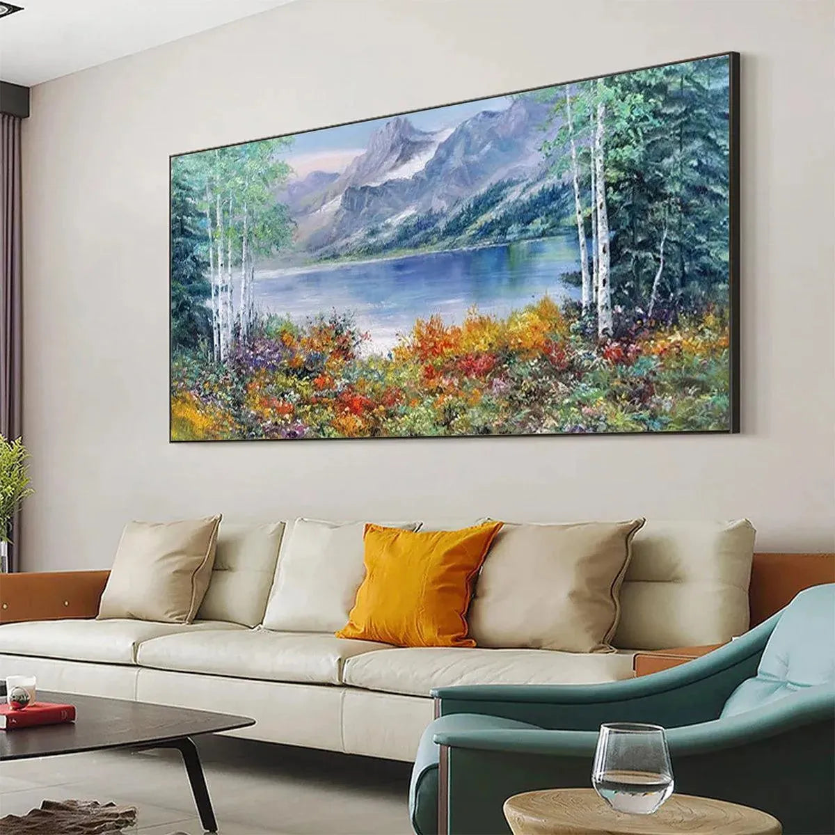 Panoramic autumn landscape painting: lake reflecting mountains, vibrant fall foliage by Chen Liu.