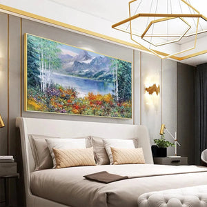 Panoramic autumn landscape painting: lake reflecting mountains, vibrant fall foliage by Chen Liu.