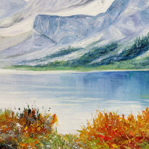 Panoramic autumn landscape painting: lake reflecting mountains, vibrant fall foliage by Chen Liu.