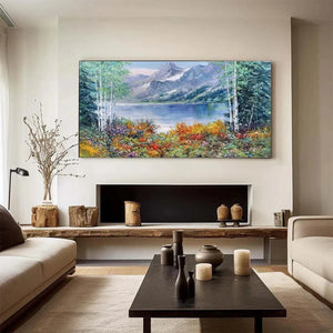 Panoramic autumn landscape painting: lake reflecting mountains, vibrant fall foliage by Chen Liu.
