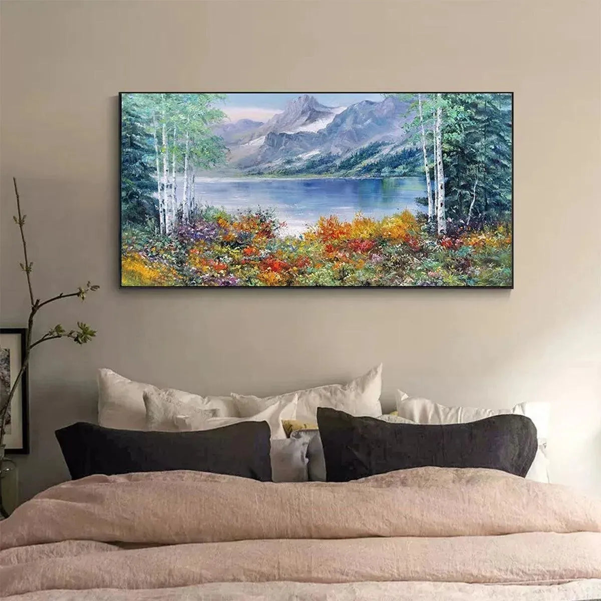 Panoramic autumn landscape painting: lake reflecting mountains, vibrant fall foliage by Chen Liu.