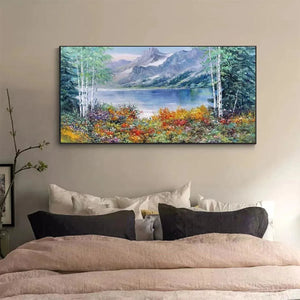 Panoramic autumn landscape painting: lake reflecting mountains, vibrant fall foliage by Chen Liu.
