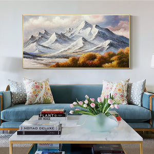 Autumn Majesty: Panoramic Mountain Landscape Oil Painting Canvas Wall Art Decor with Autumn Foliage